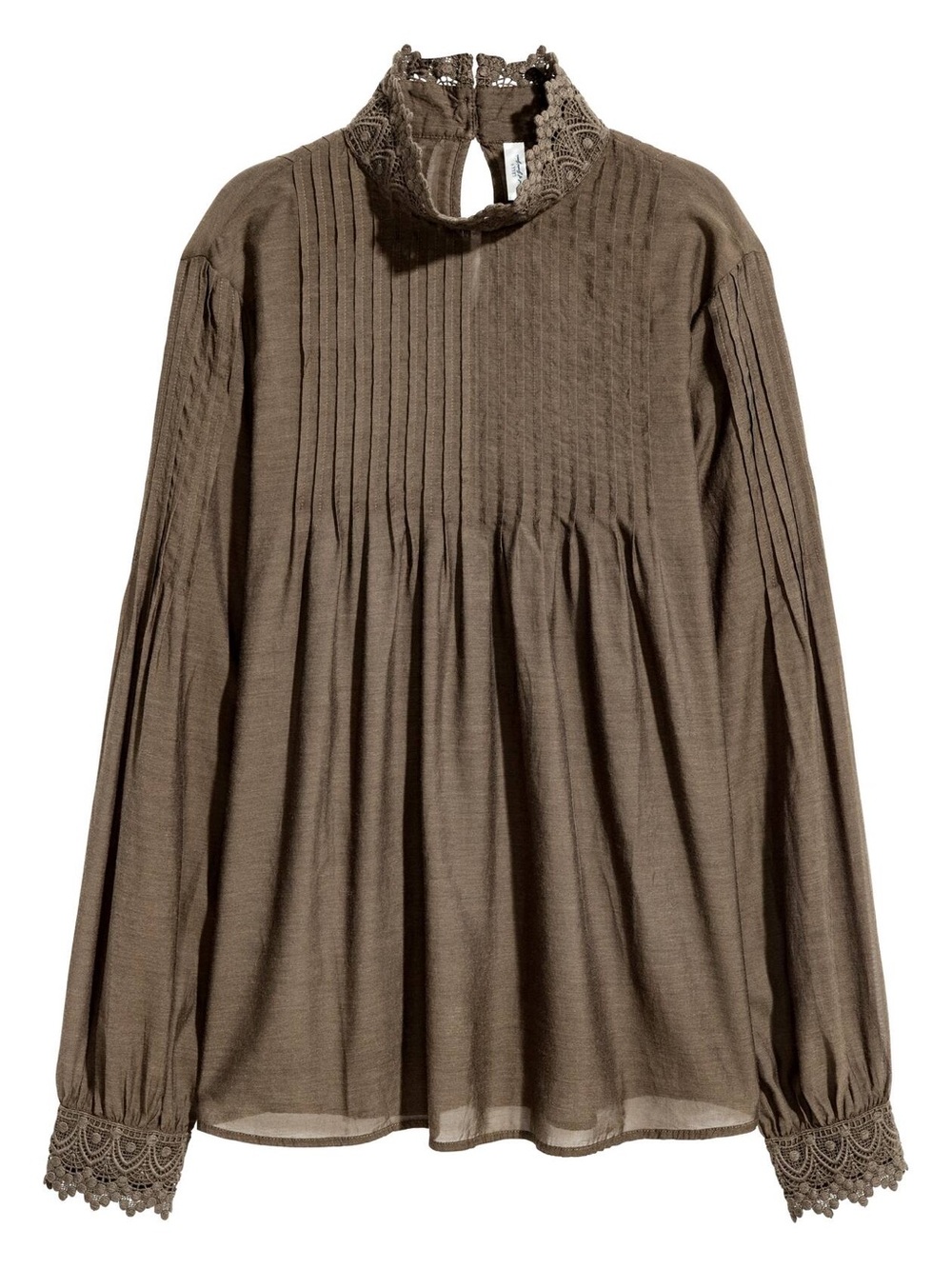 H&M Brown Lace High-Neck Pintuck Blouse - size 8